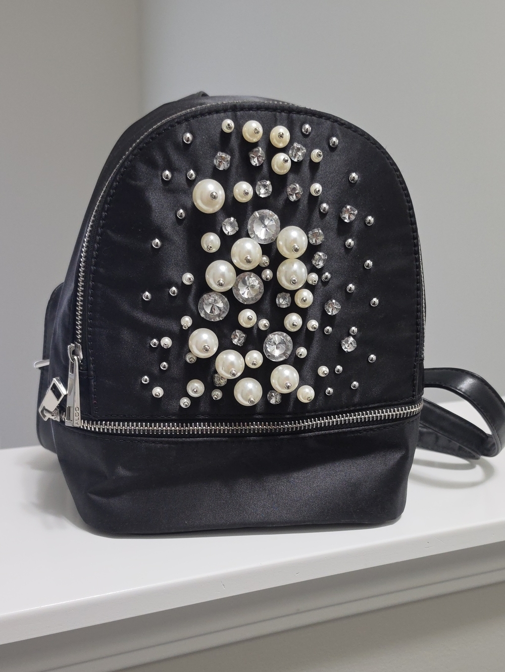 Aldo Black Pearl & Crystal Embellished Mini Backpack